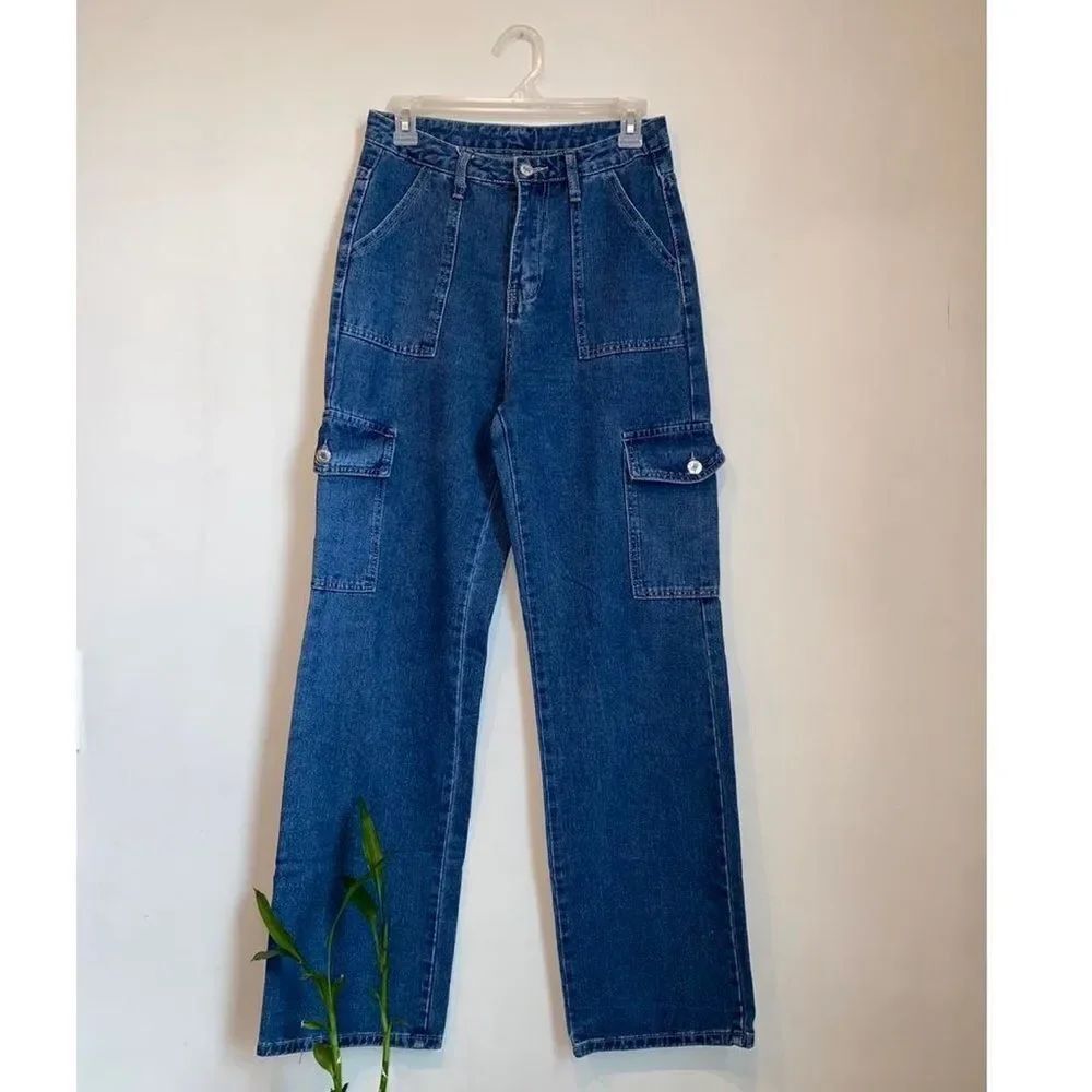 And Now This dark Wash Straight Wise Leg Cargo Utility Jeans 28